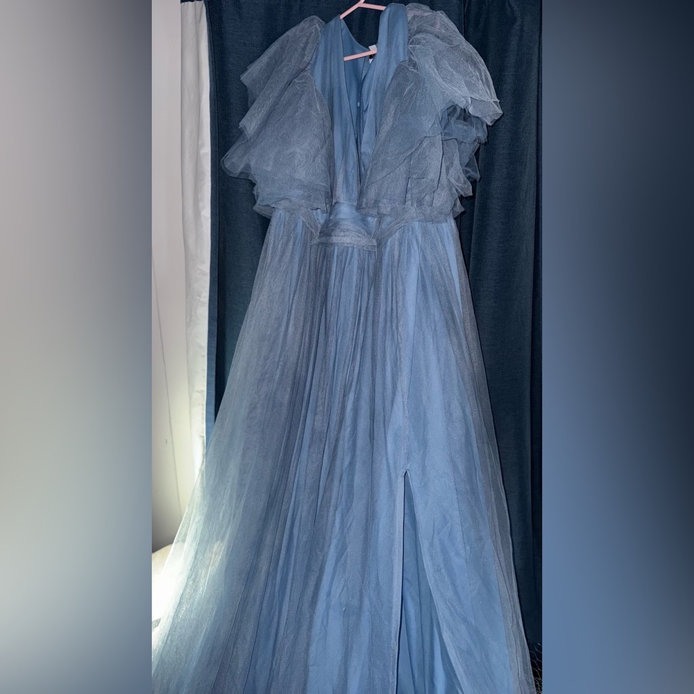 Faeriesty Fairy Dress – Elegant Blue Maternity V-Neck Midi Ruffle Sleeves & Slit - Picture 12 of 16